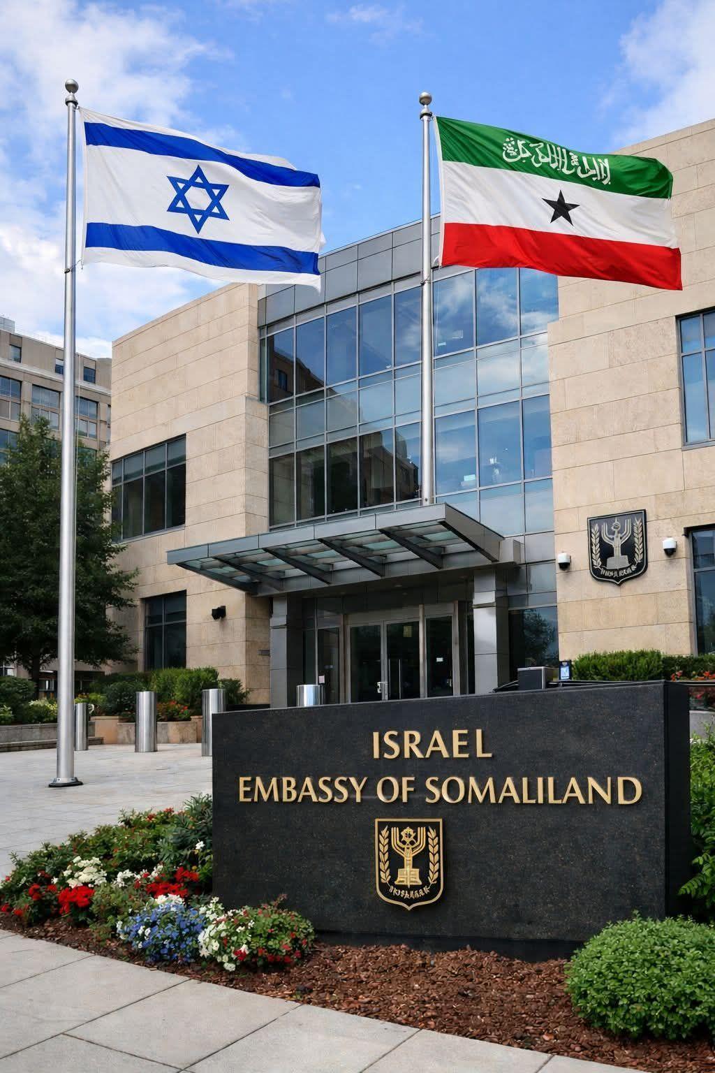 Ambassadegebouw met de vlaggen van Israël en Somaliland